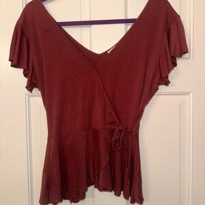 Leith Wrap-Front Ruffle Sleeve Top - Burgundy